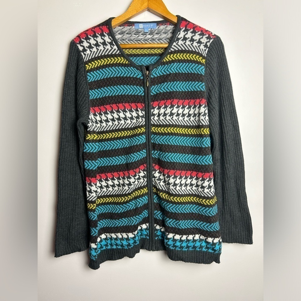 KORET VTG Striped Herringbone Western Cowgirl‎ Zip Academia Cardigan Sweater L